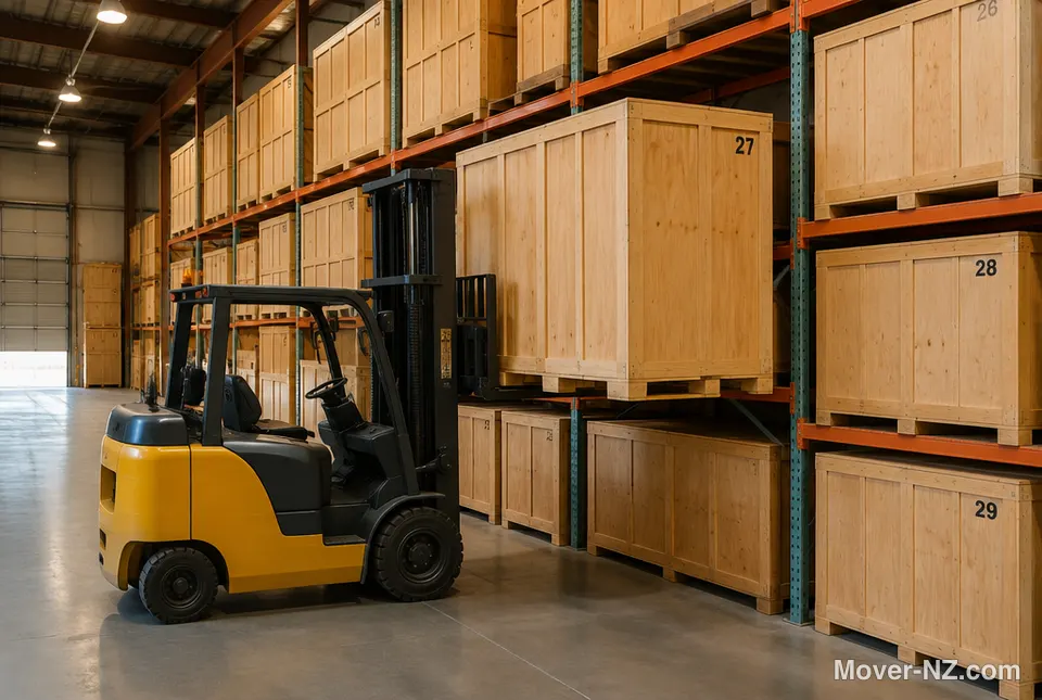 Wooden storage crates on racking and a forklift in a furniture storage warehouse