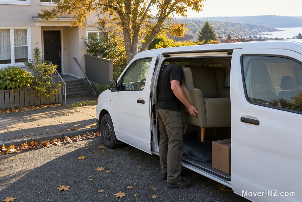 A mover loading an armchair and boxes into a small white van for a small move