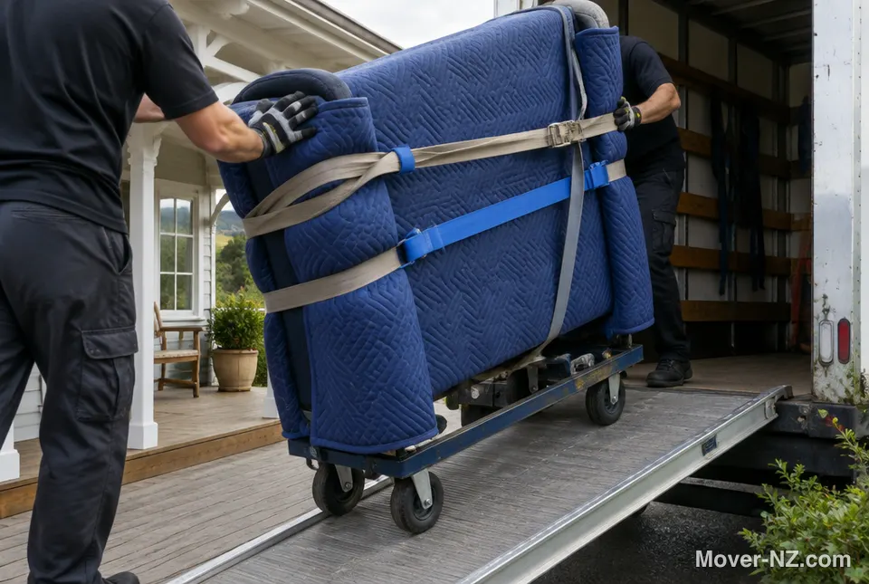 An upright piano wrapped in moving blankets rolled up a ramp into a moving truck